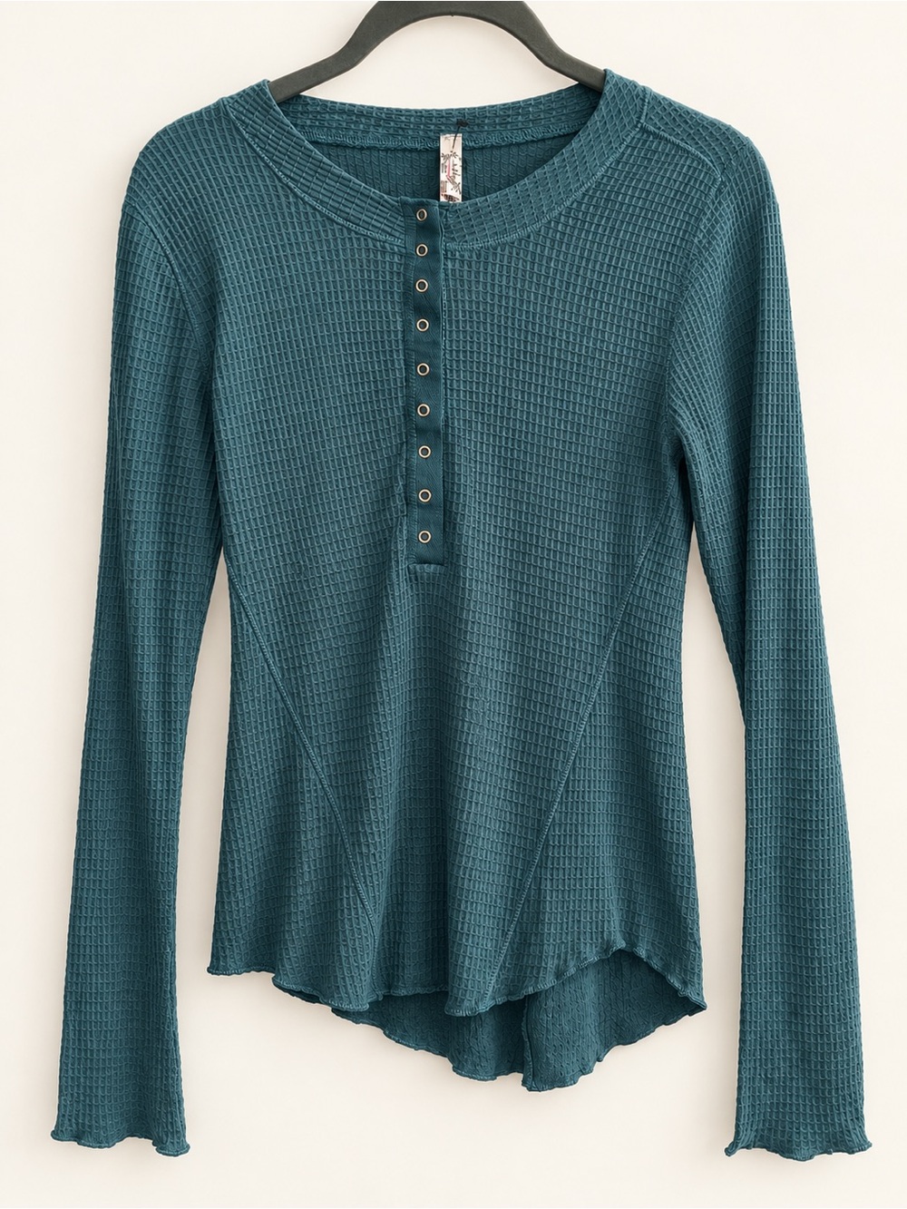 Free People Intimately Teal Waffle Knit Snap Henley Top Size Large